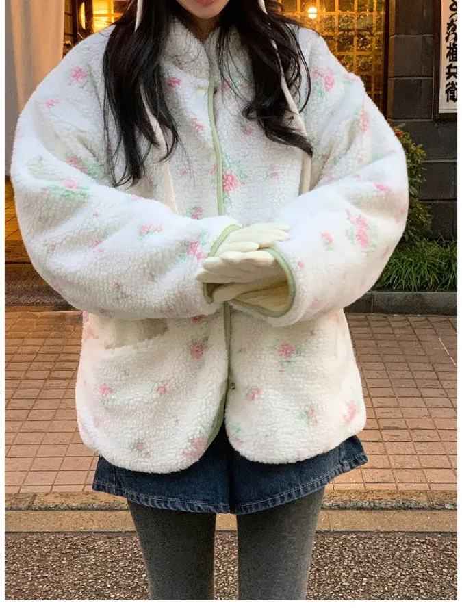

Korean Sweet Floral Double-Sided Wear Cotton Jaet Women's Autumn Winter Loose Lazy Sle Warm Lamb Velvet Cotton Coat