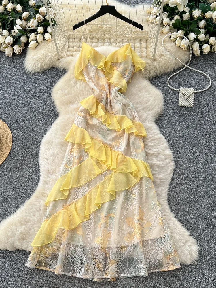 

Pure Desire Design Irregular Lace Splice Women's Dr Waist Cinching Asymmetrical High Waist A-Line Summer Skirt