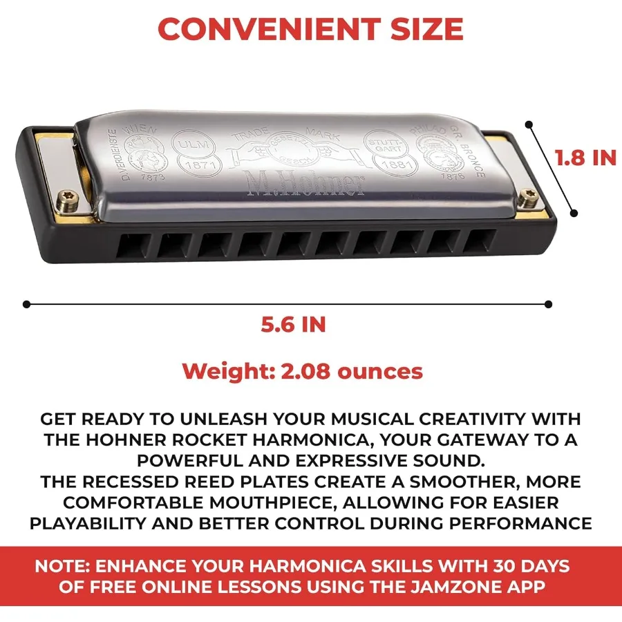 Harmonica à fusée progressif Hohner en clé de C avec pochette de protection et chiffon de polissage Austin Bazaar Premium idéal pour