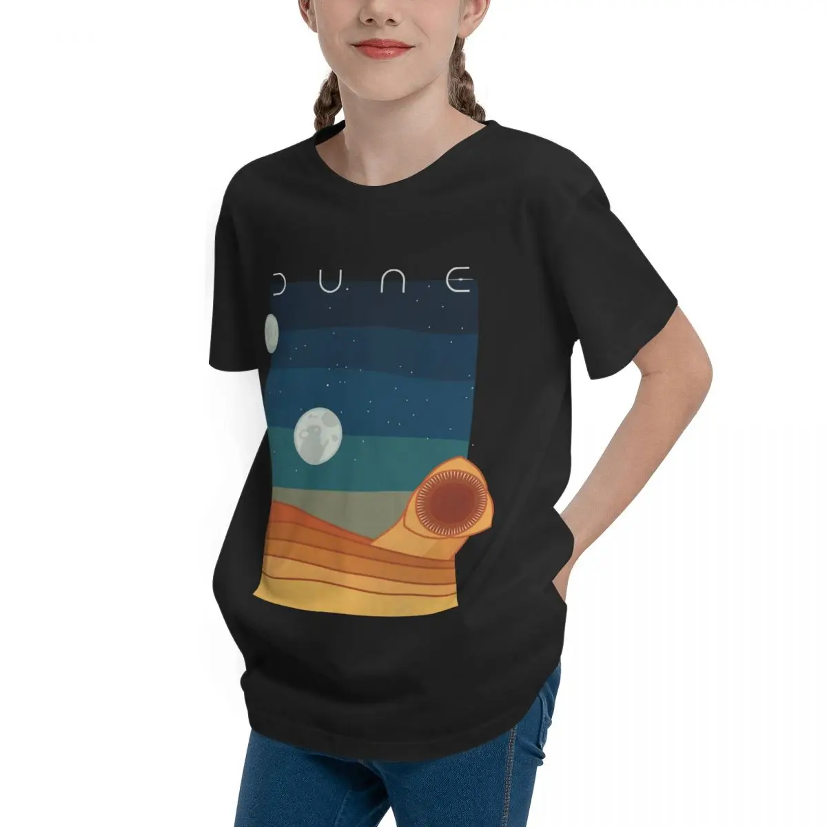 Teeanger Dune Sandworm And Moons Dark Backgrounds (Dune 20 Basic Short Sleeve T-Shirt Geek Crewneck Tees Novelty Vintage