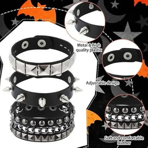 Emo Y2K Indie Grunge Studs Spiked Bracelet Goth Jewelry Accessories for Cool Rocker Skater Biker, 4 Pieces Men Punk Black PU Leather Cuff Bracelets Set