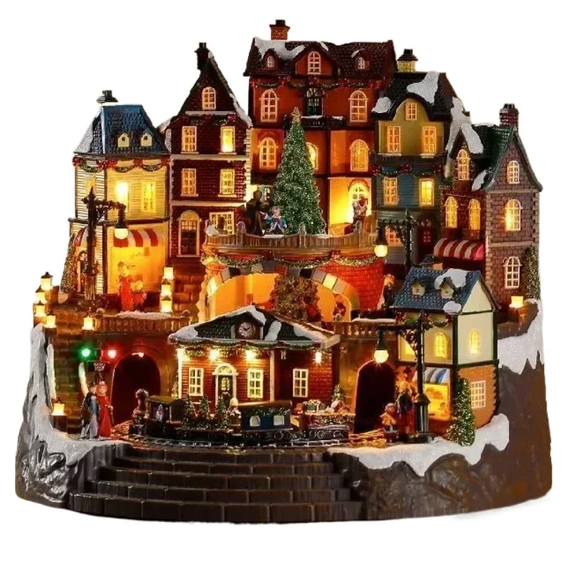 Christmas Decoration LED Animated Train Station Resin Musical Christmas village house with Rotating