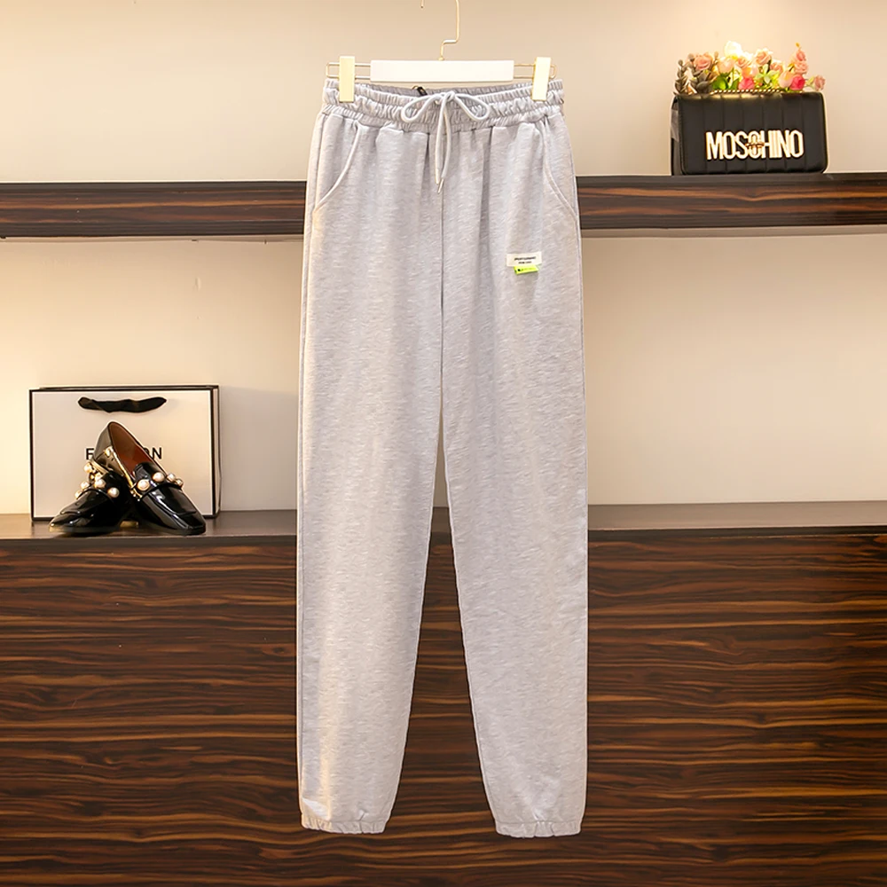 Plus size women's spring and autumn gray high-waist nine-point pants casual loose elastic waistline sports pants 2025 new large