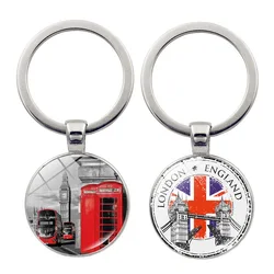 London Souvenirs Gifts Keychain Uk Flag England Travel Art Pattern Glass Cabochon Keyring for Men Women 2024