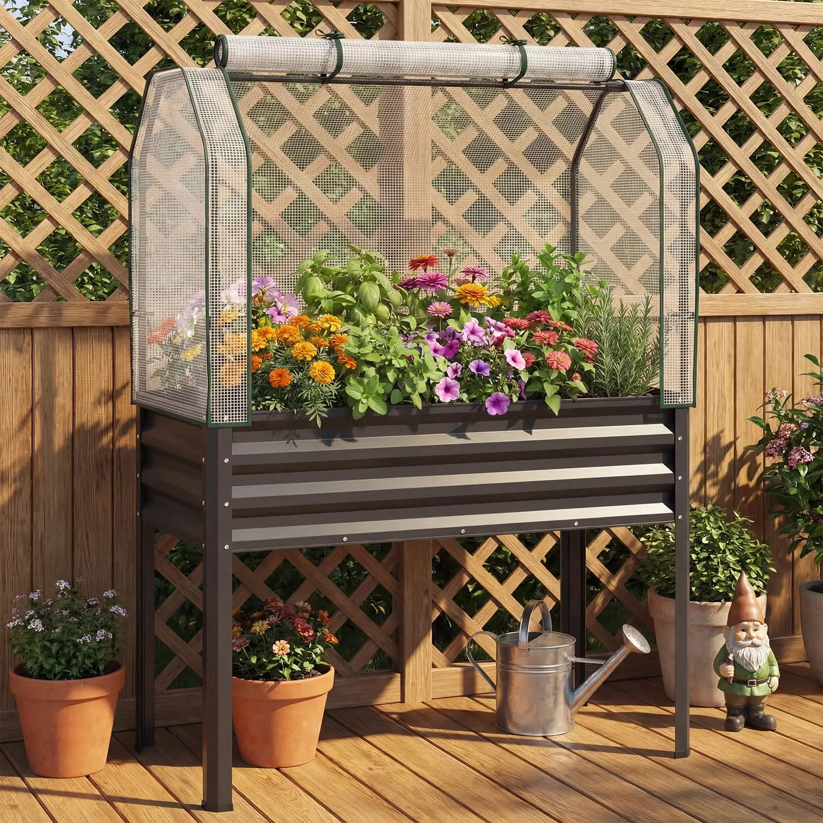 Raised Garden Bed with Legs & Greenhouse Cover, 44x22x60 Elevated Metal Planter Box with Roll-up Door, Outdoor Mini