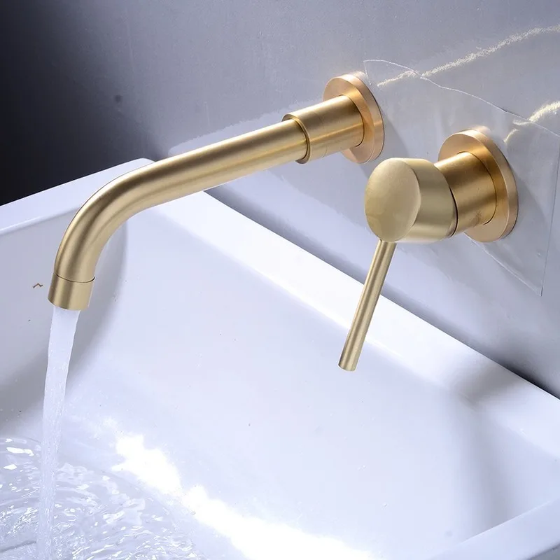 

Matte Brass Wall Mounted Basin Faucet Single Handle Bathroom Mixer Tap Hot Cold Sink Faucet Rotation Spout Burnished Gold WY817