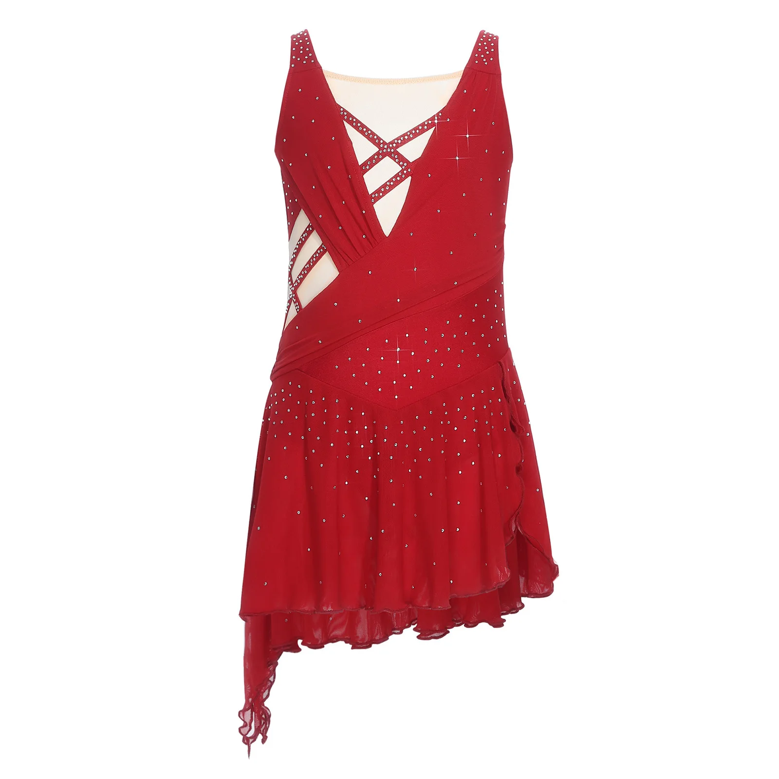 키즈 걸즈 반짝이는 라인스톤 체조 레오타드 피겨 스케이팅 발레 리리컬 댄스 레오타드 드레스 시어 메쉬 사이드 슬릿 드레스