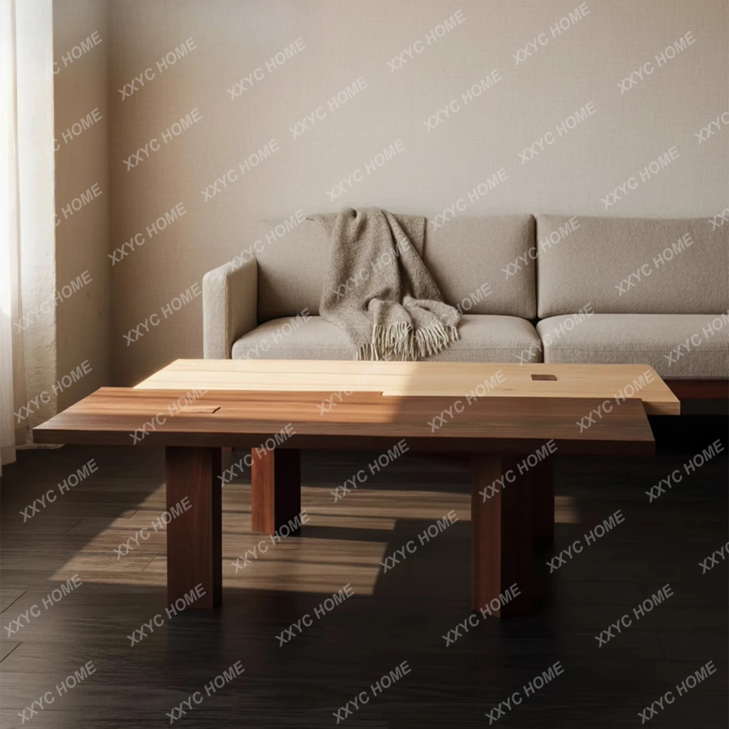 

Кофейный столик из ясеня и древесины каснан, выполненный в технике сплайсинг, в стиле ваби-саби, с эффектом состаривания и песочного ветра.