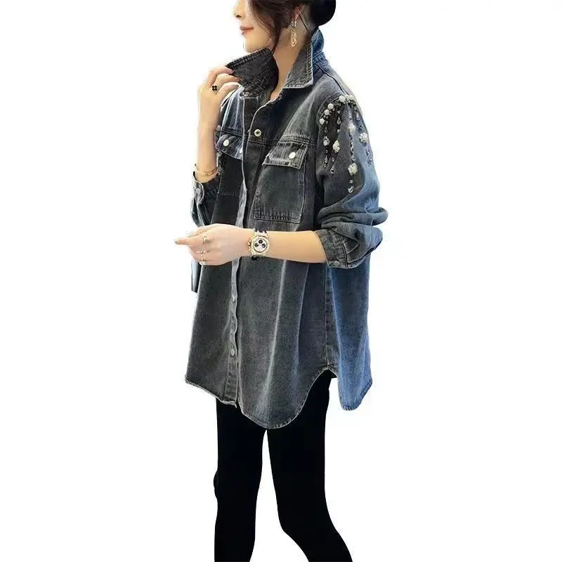 Spring Autumn New Retro Solid Color Distressed Denim Women's Loose Korean Versatile Square Neck Beading Long Sleeve Button Coat