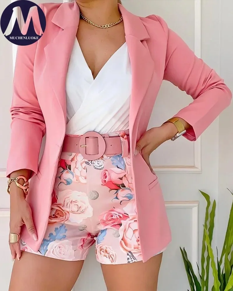 Set donna 2 pezzi primavera estate nuova moda coreana Casual manica lunga Blazer cappotti abiti eleganti stampa cintura pantaloncini Set