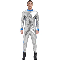 Mens Silver Astronaut Pilot Cosplay Costumes Long Sleeve Unitard Jumpsuit Metallic Shiny Space Rompers Catsuit Halloween Party
