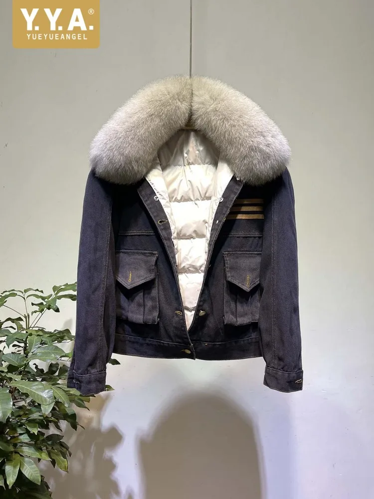 نساء موضة الثعلب الفراء طوق انفصال الدينيم الستر بطانة انفصال سترة منفوخة الشتاء سميكة الدافئة الكورية نمط معطف قصير #1