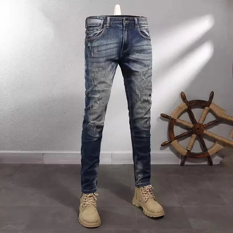 

Italian Style Fashion Men Jeans High Quality Retro Washed Blue Slim Fit Ripped Jeans Men Vintage Designer Casual Denim Pants