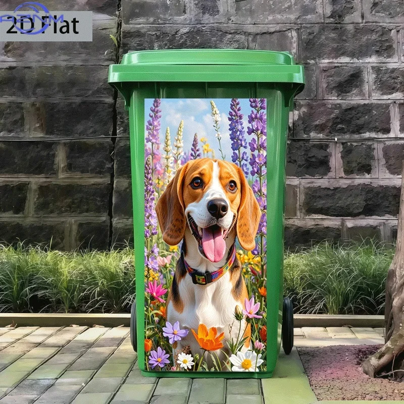 1pc of Trash Can Sticker, 37×82 Cm, Featuring a Beagle in a Flower Bush Design, Self-Adhesive Wall Decoration for Kitchen Tras