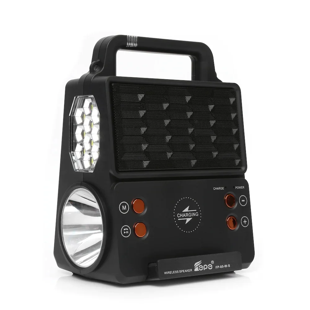 

Solar powered Fm radio Bluetooth speaker searchlight 2x bulb Tf Usb