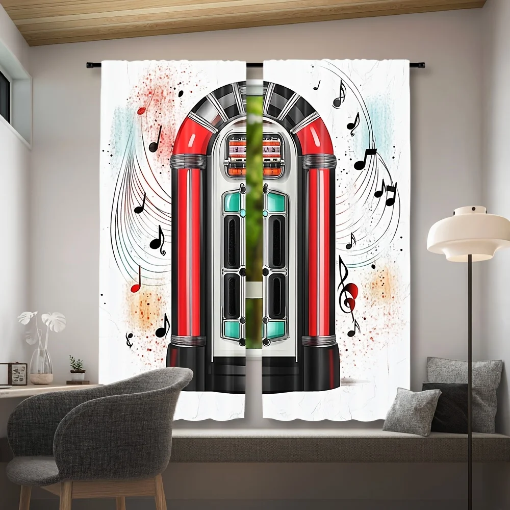 Retro Jukebox Curtains, Vintage Music Player Print Drapes, 50s Rock n Roll Diner Bar Party Window Treatment Decor