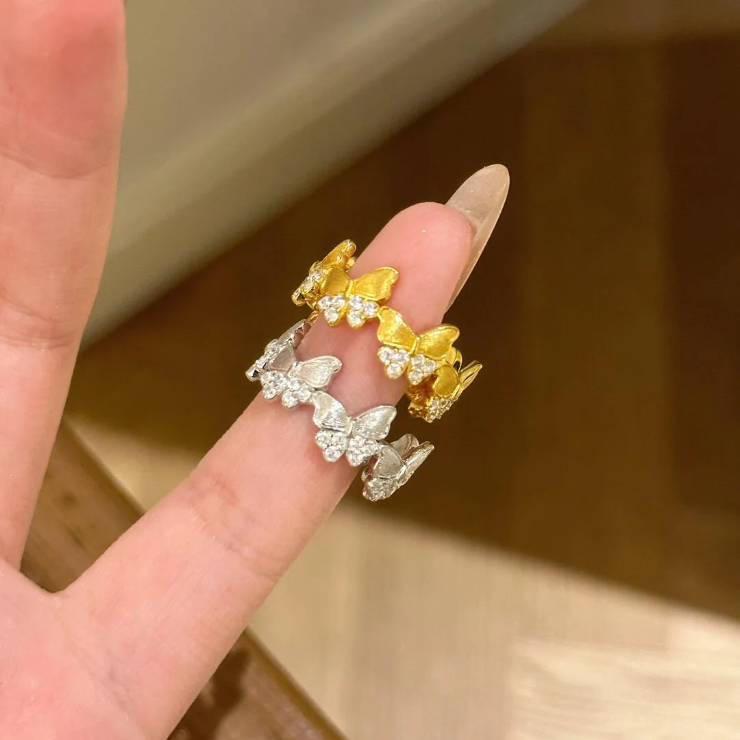 S925 Sterling Silver Ring Gold Brushed Diamond Butterfly Niche Design Light Luxury High End Jewelry For Women And Girls