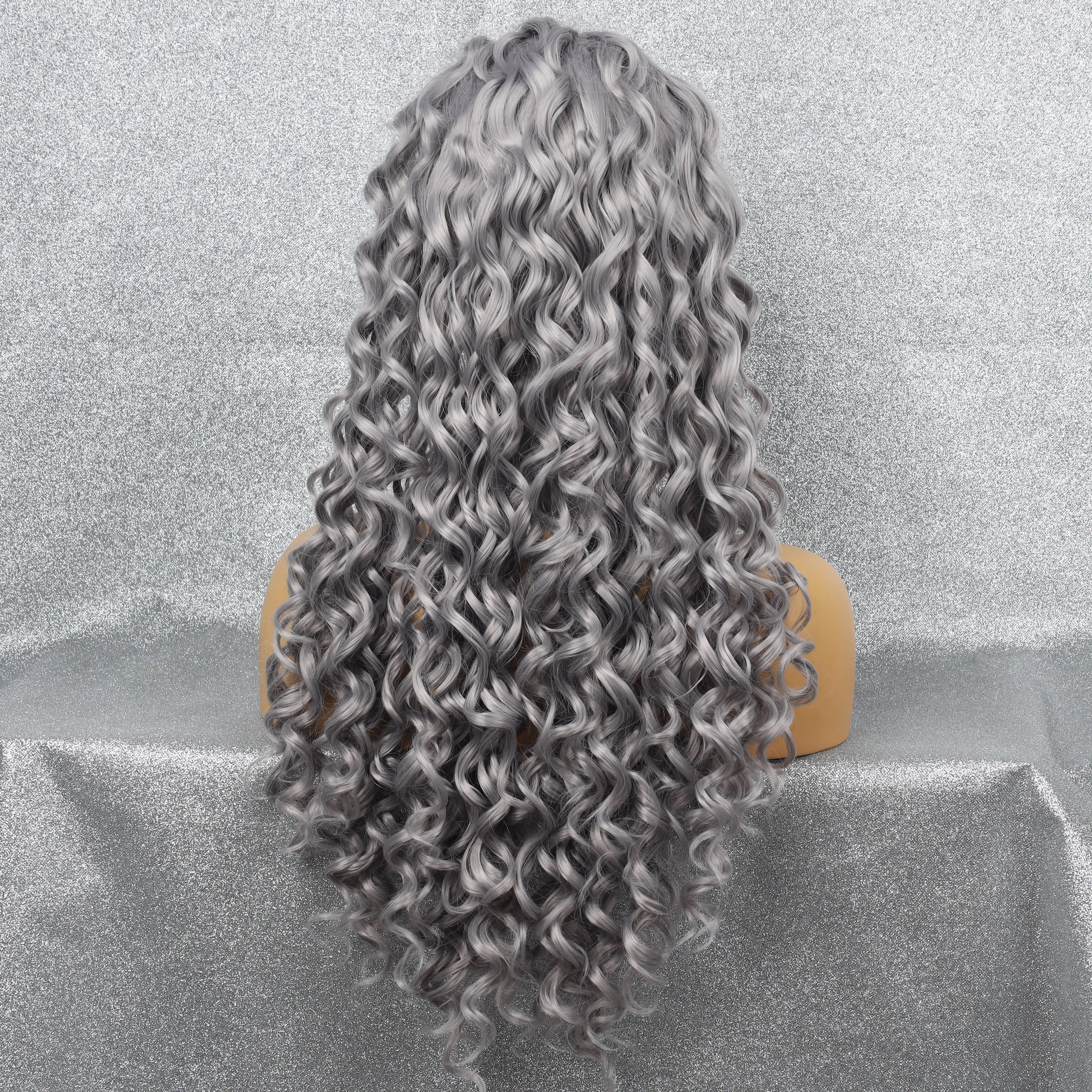 Cosplay Front Lace Synthetic Fashion Grey Long Curly Wig Body Wave Lightweight Comfortable Breathable Women's Wig