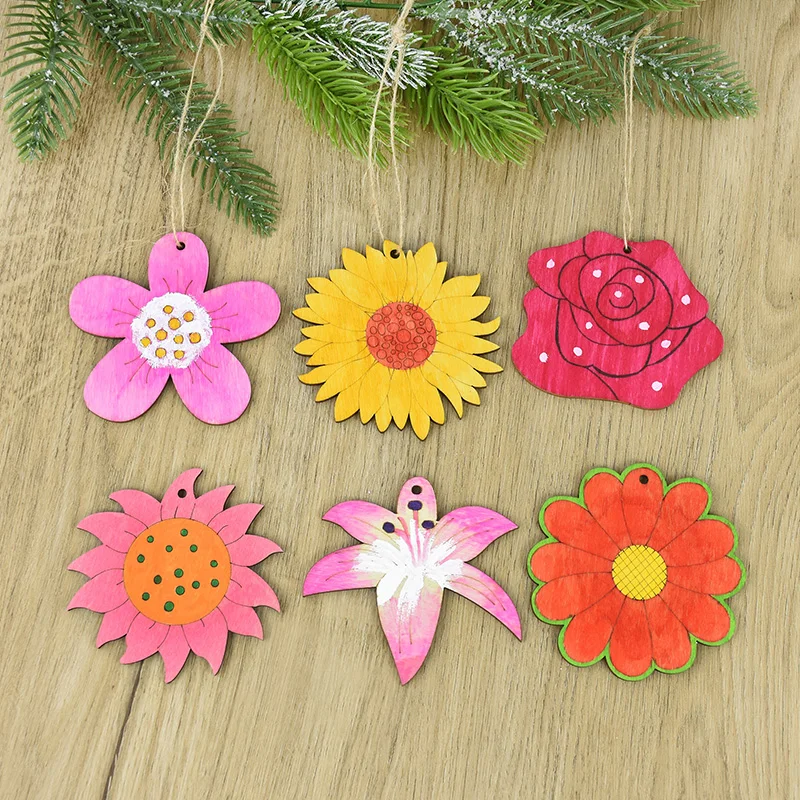 

10pcs Rose/Daisy Flower Wooden Pieces Craft DIY Christmas Tree Pendant Wedding Party Painting Flower Wood Slices Embellishments