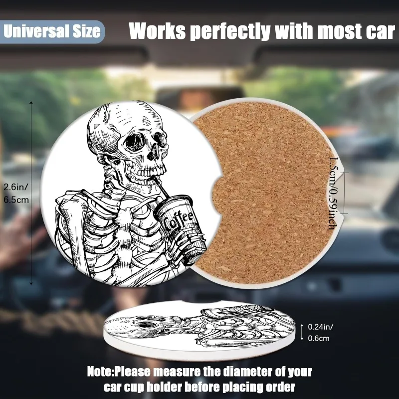Car Cup Holders Coasters - Skeleton Drinking Coffee Sketch Absorbent Ceramic Coaster, Black White Gothic Skull Drink Cup