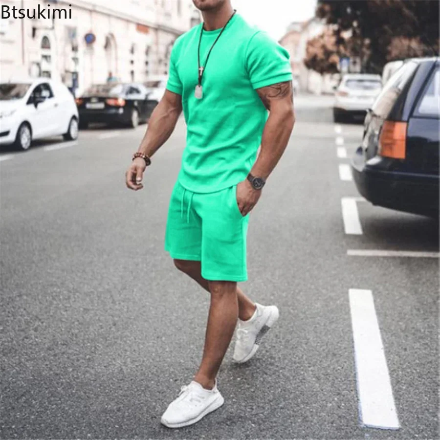 2024 Men\'s Summer 2PCS Casual Sportswear Suit Sets Solid Fitness Loose Tracksuit Sets Male Short Sleeved Shirts and Shorts Sets