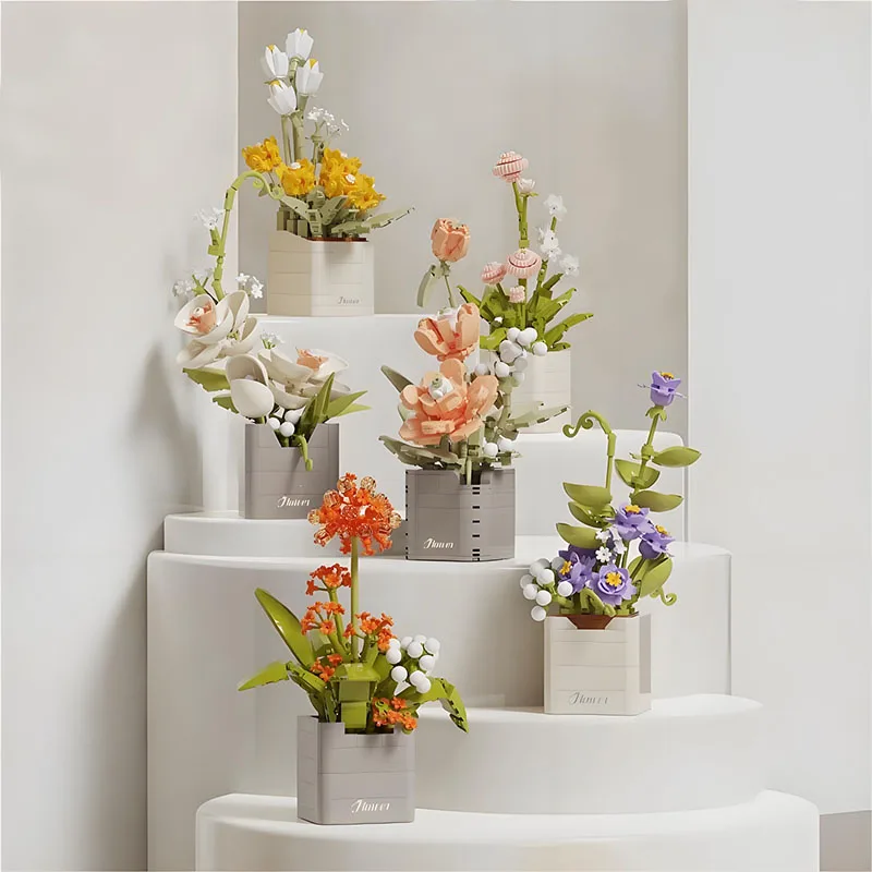 

Букет из строительных блоков «сделай сам», роза, лотос, лилия, букет ромашек, гвоздик в горшке, восточные цветы, вечное растение, игрушка для девочек, подарки