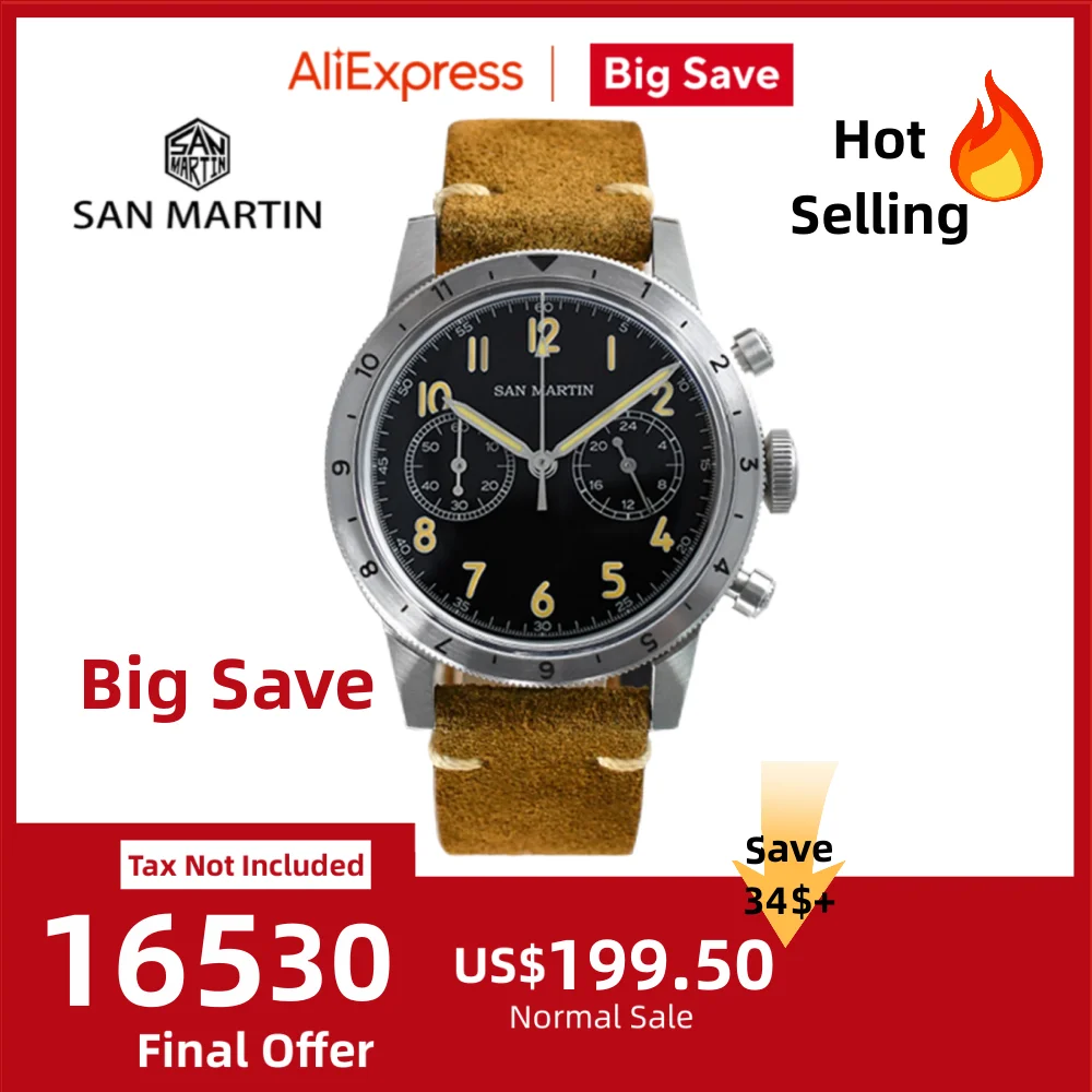 

San Martin 39.5mm VK64 Men Speed Chronograph Watch Quartz Wristwatch Vintage Suede Leather Strap Pilot 10Bar Reloj SN0127JS