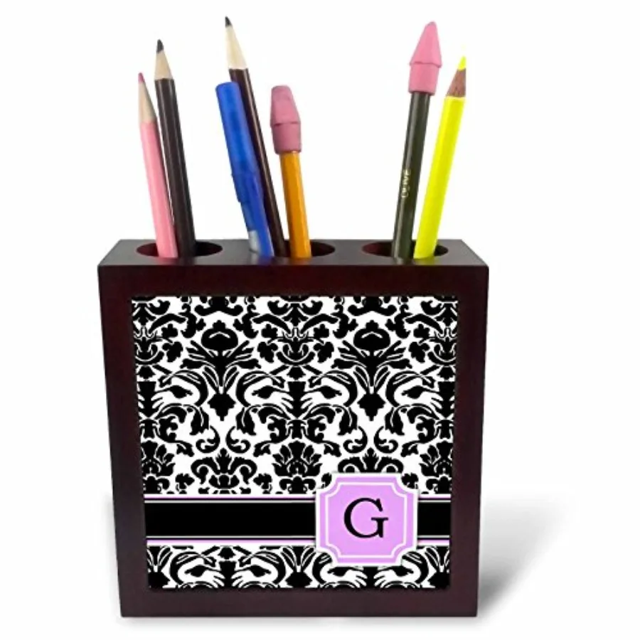 

ph_154382_1 Personal Initial G Monogrammed Pink Black and White Damask Pattern Girly Stylish Personalized Letter Tile Pen Holde