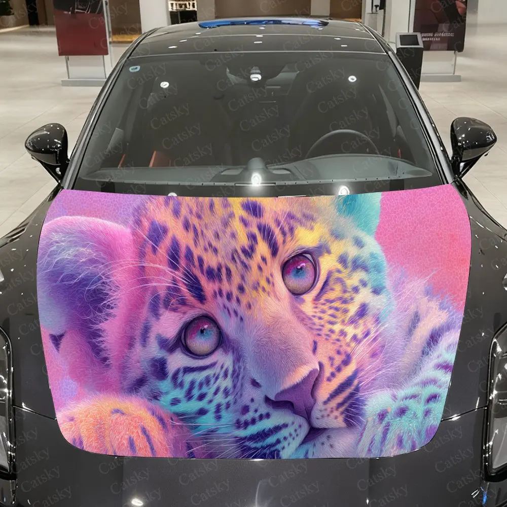 

Iridescent Leopard Cub PVC Car Hood Wraps, Self-Adhesive Waterproof Car Bonnet Decal Sticker, Car Decoration Protection Stickers
