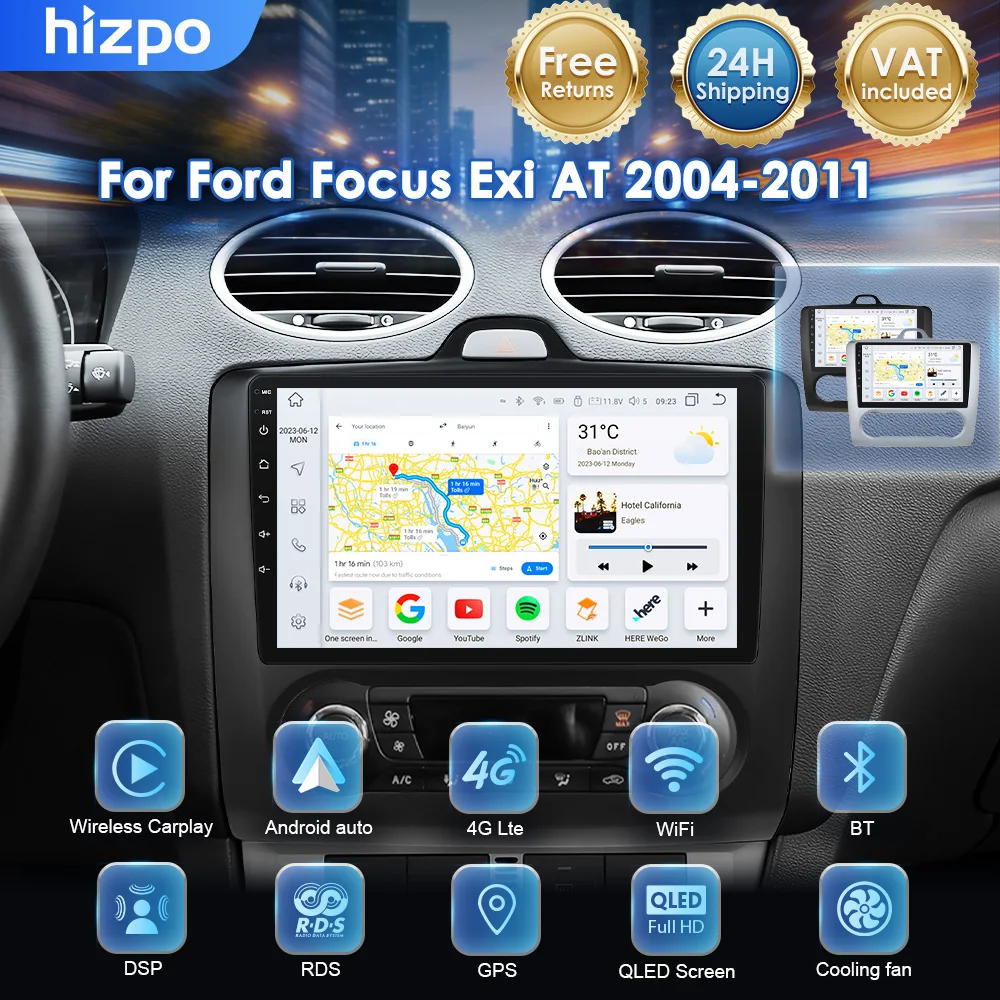 Lecteur multimédia Android 14 Hizpo 9 pouces pour Ford Focus Exi AT 2004-2011, navigation GPS, Carplay, autoradio, récepteur stéréo, 8 cœurs, 8+128G