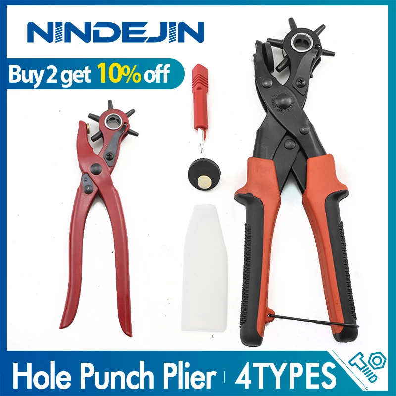 

NINDEJIN 6 Holes Puncher Plier Set Multifunction Belt Leather Belt Punching Tool Round Oval Hole Watchband Paper Punch Plier