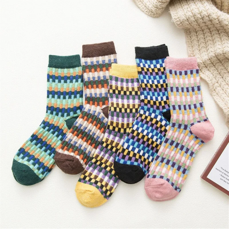 Women's winter warm socks, knitted wool boat socks, multi-color average size, cruciform thick needle retro stockings 5 pairs.