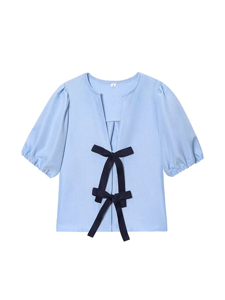 

2025 New Bow Short Sleeve Top Women Fashion V-neck Stripe Ruff Slim Fit Shirt Female Summer Chic Casual Holiday Streetwear