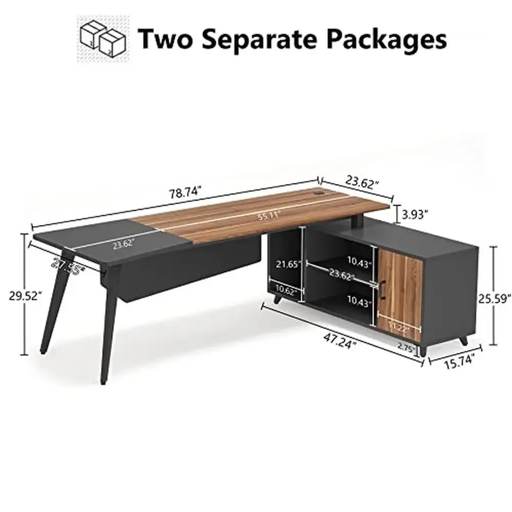 L-Shaped Executive Office Desk with File Cabinet and Shelves Industrial Business Furniture 78.74 Inch Large Workspace Modern