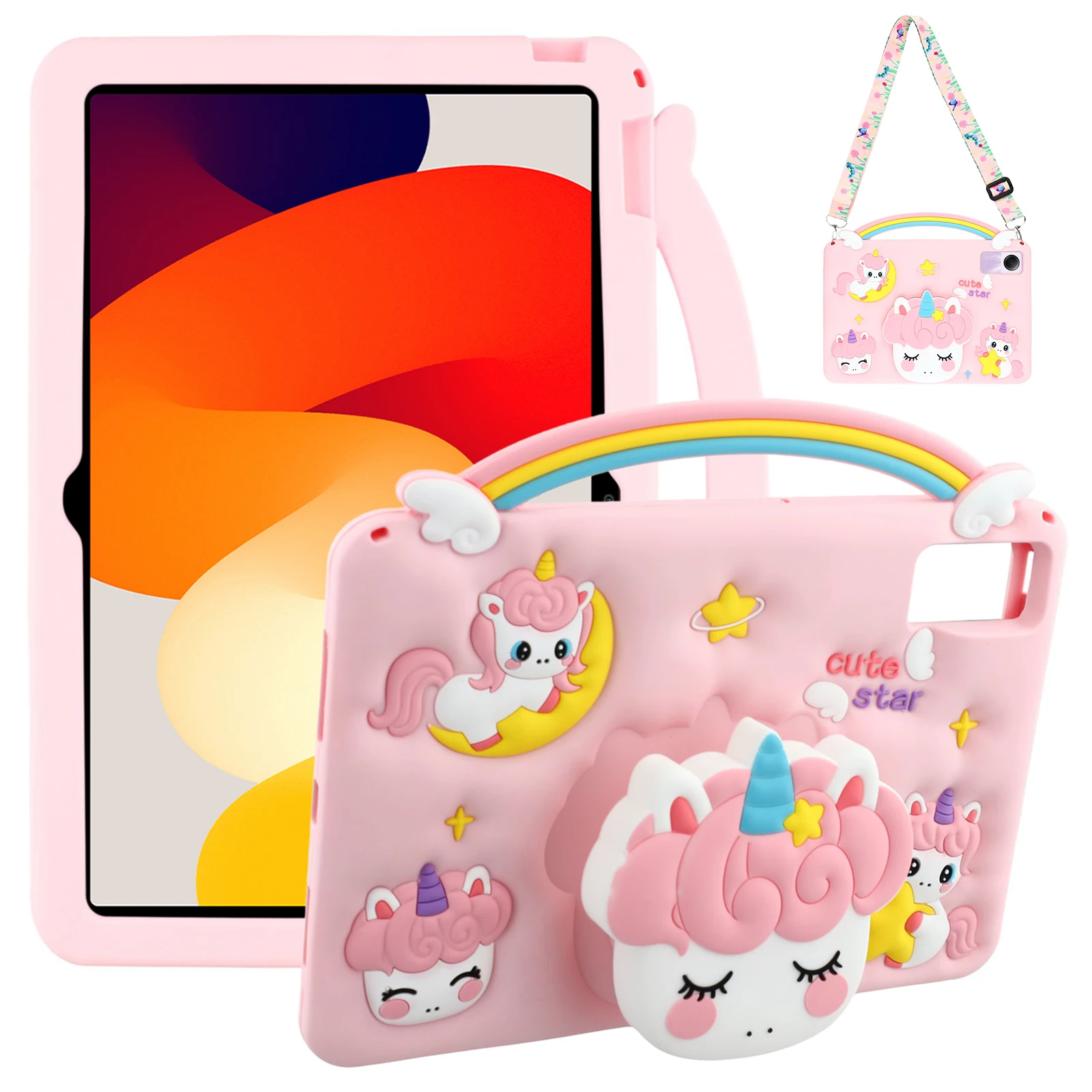 

For Xiaomi Redmi Pad SE Case Handle Unicorn Retractable Kickstand Silicone Tablet Cover with Shoulder Strap