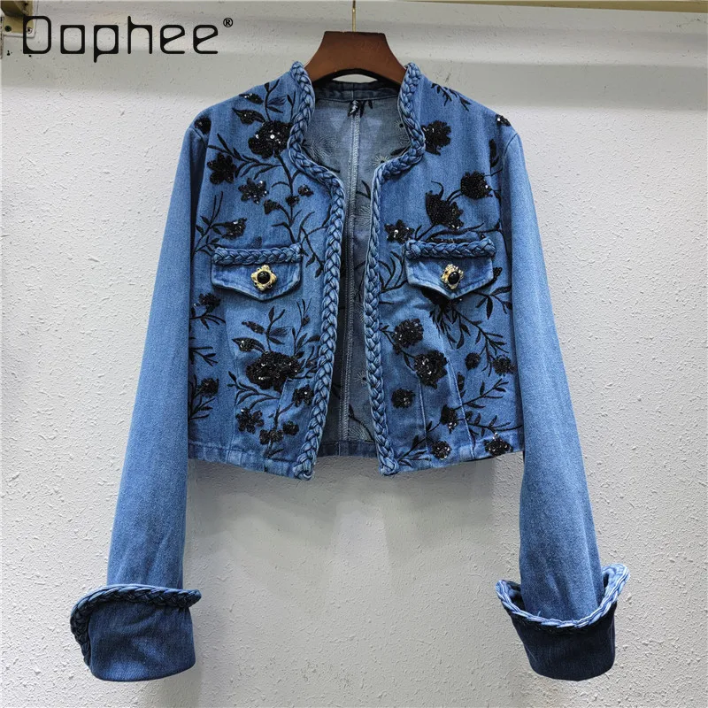 

Sequin Embroidered Denim Coat Women Blue Heavy Industry Floral Chic Design Jeans Short Jacket Long Sleeve Spring Autumn