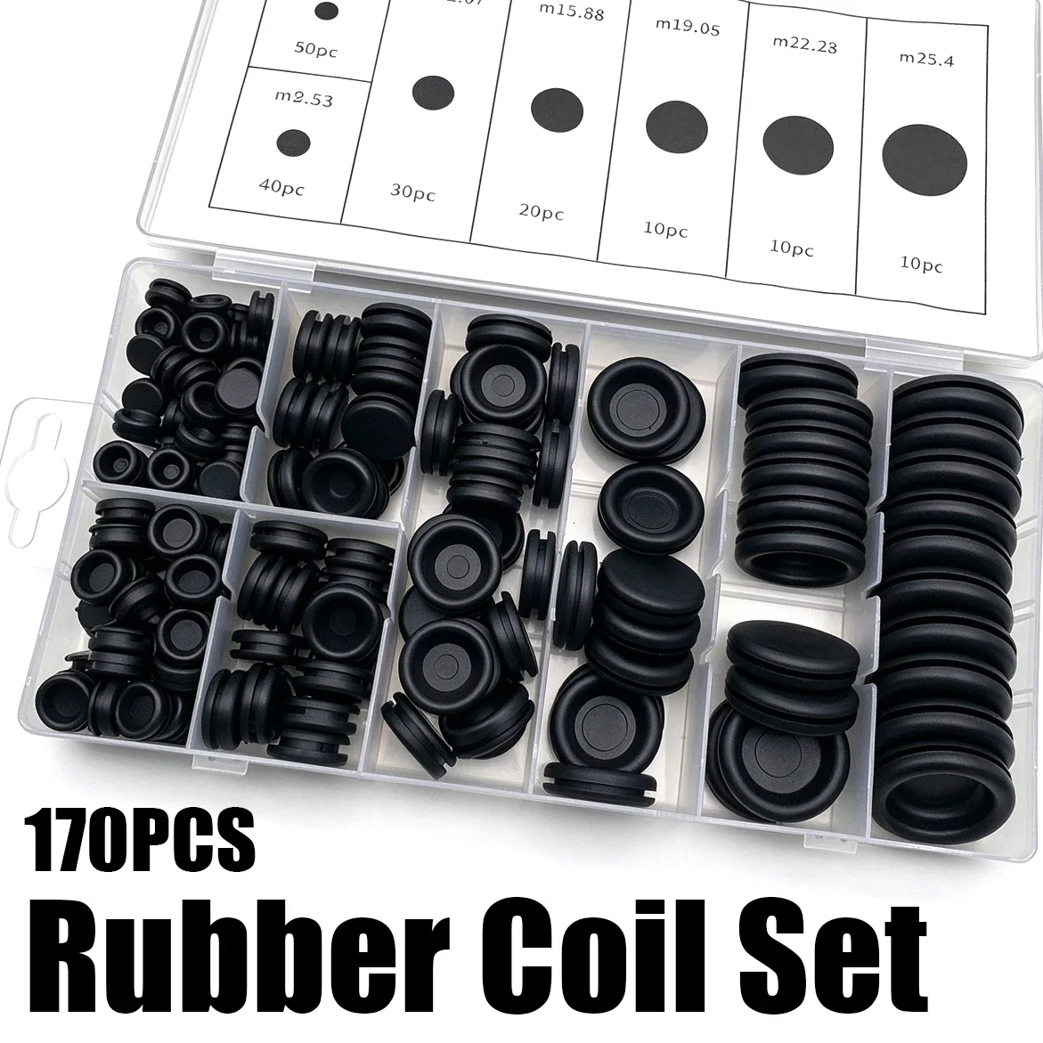 170 Pieces of Black Rubber Coil Combination, Wear-resistant, Anti Cutting, Noise Reducing, Wire Perforation Protection Ring.