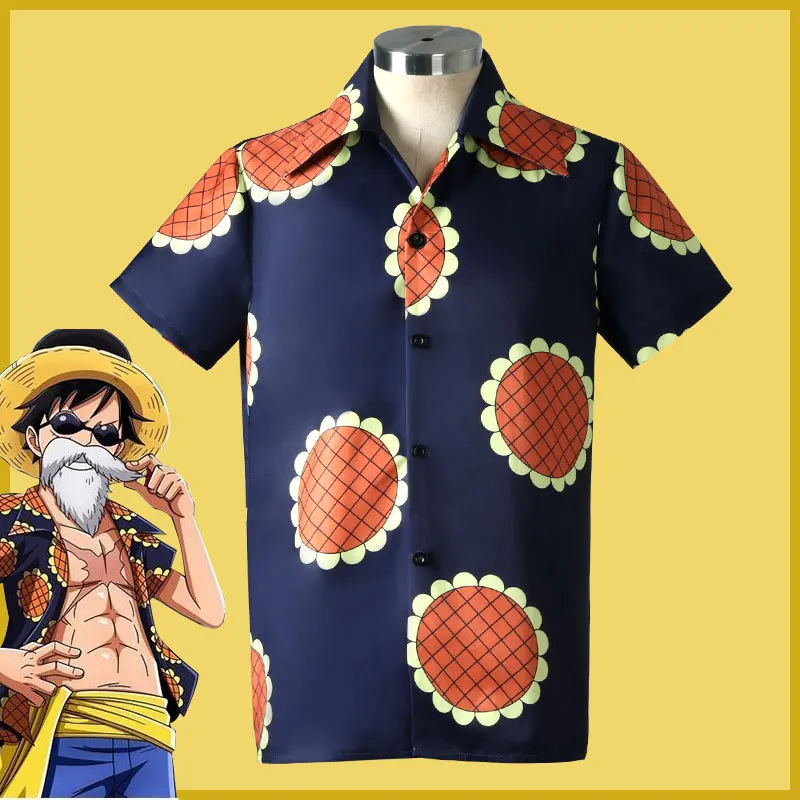 Monkey D Luffy Cosplay Costume Summer Sunflower Print Blue Casual Top T-Shirt Hat Uniform One Piece Halloween Party Suit for Men