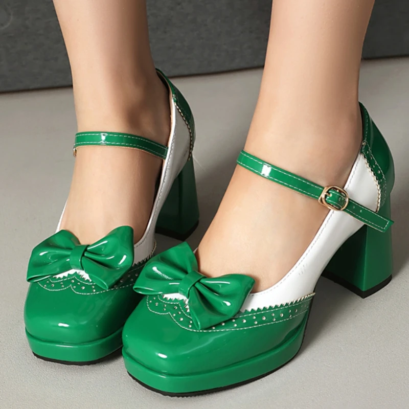 

Women's High Heels Pumps Lolita Shoes Big Size 48 Fashion Green Red Strap Block Heeled Wedding Dress Shoes Lady 2026 Mary Janes