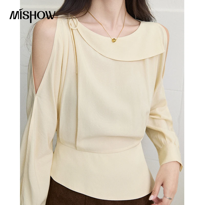 MISHOW Women's Off‑Shoulder Long‑Sleeve Blouse 2026 Autumn Asymmetric Lapel Collar Blouse Wais Peplum Hem Elegant Top MXF45X2794