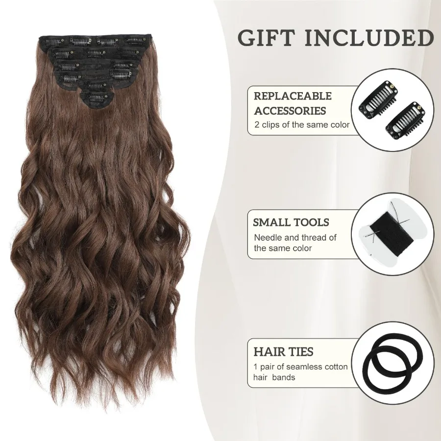 وصلات شعر كليبين للنساء كستنائي بني طويل متموج وصلات شعر 6 قطعة 16 بوصة شعر صناعي ناعم وطبيعي سميك Pi #3