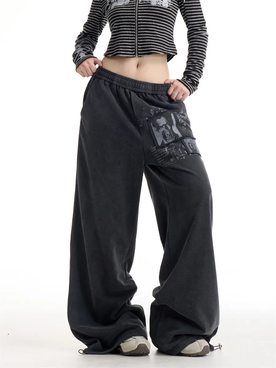 

Повседневные брюки в стиле ретро с американским пэчворк-принтом, мужские брюки Cleanfit, модные свободные широкие брюки для пар, молодежные стильные брюки