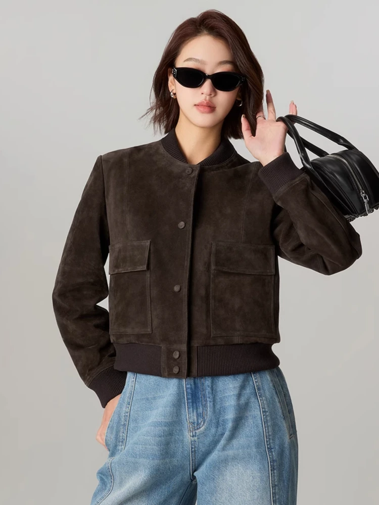 

Retro Genuine Leather Suede Jackets for Women Spring Autumn 2026 New High-end Simple Slim Short Real Sheepskin Bomber Coat