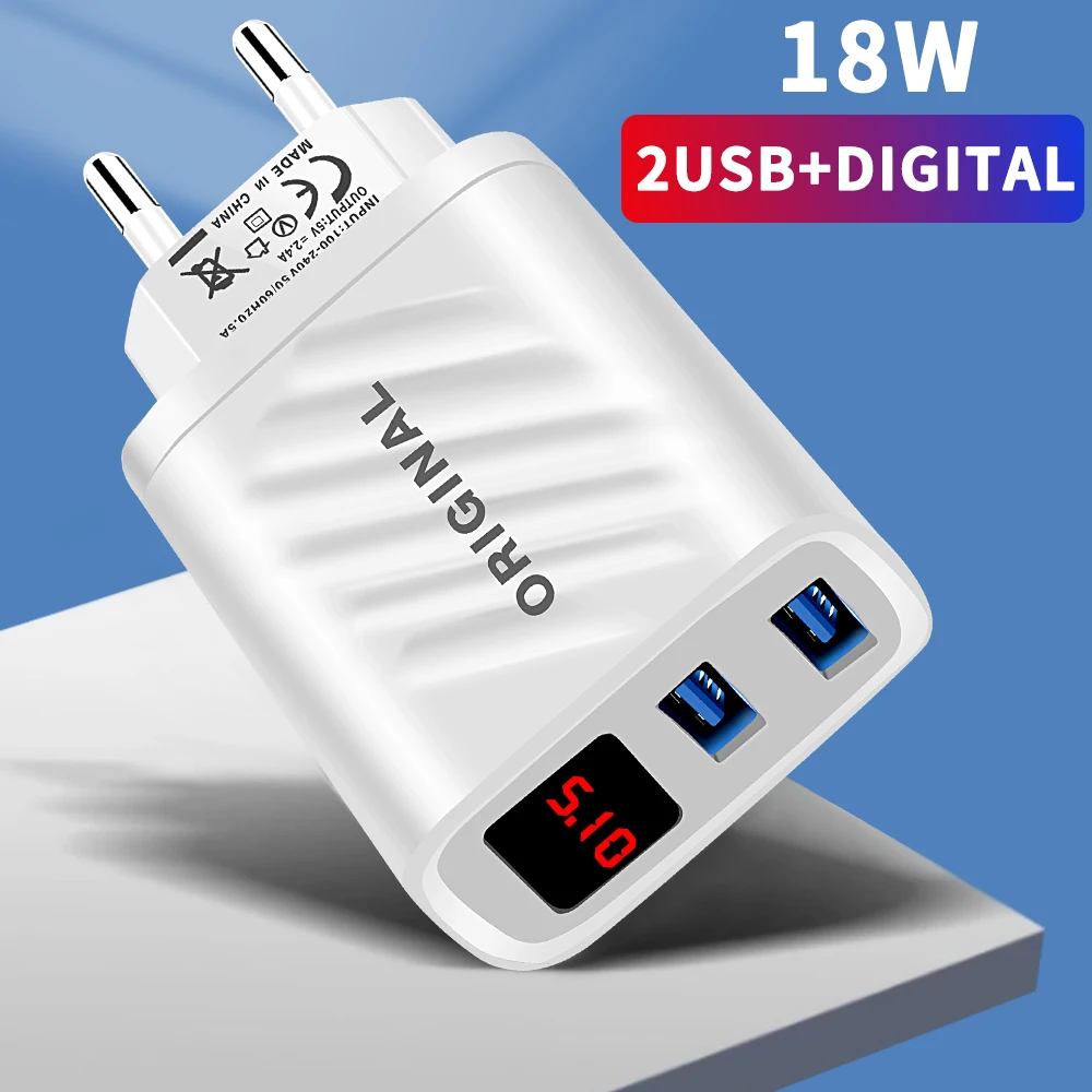 USB 18W 2 in 1 Digital Display Charger Fast Charging Mobile Phone Adapter For iPhone Huawei Xiaomi Samsung Quick Charge Charger