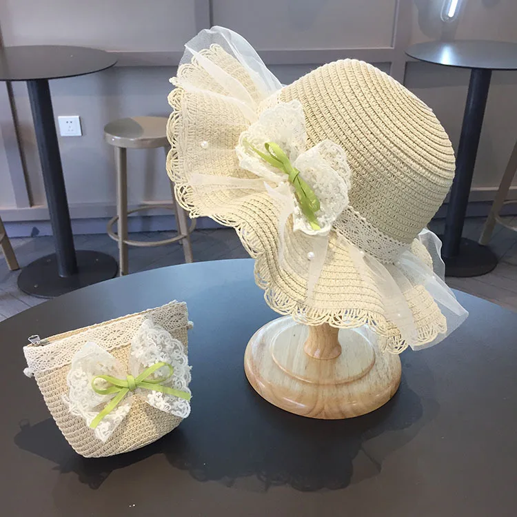 

Летняя широкополая шляпа от солнца в стиле принцессы с кружевом и жемчугом и зеленым бантом для девочек, рыбацкая шляпа, соломенная шляпа