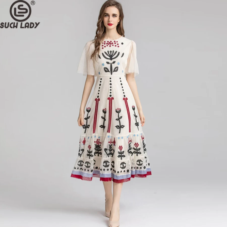 

Women's Dresses O Neck Short Sleeves Embroidery Mesh Elegant High Street Fashion Mid Vestidos Prom Gown