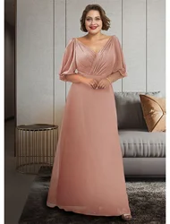 A-Line Mom Banquet Formal Dress Plus, Elegant Minimalist, V-neck Ankle Length, Chiffon Half Sleeve Pleats, 2023 New Wedding