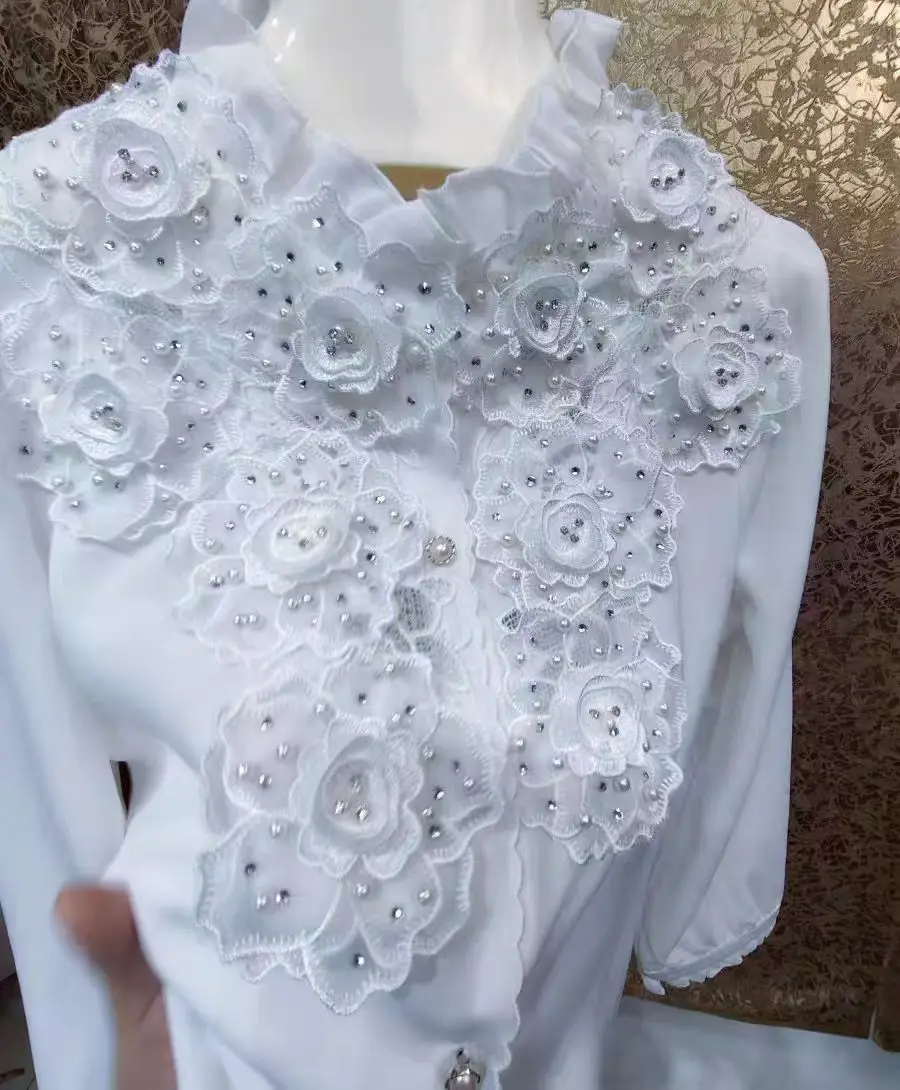 New In 2024 Autumn 3D Flowers Stitch Shirts For Women Single Breasted Blouse Ladies White Top Blusas Woman Clothes