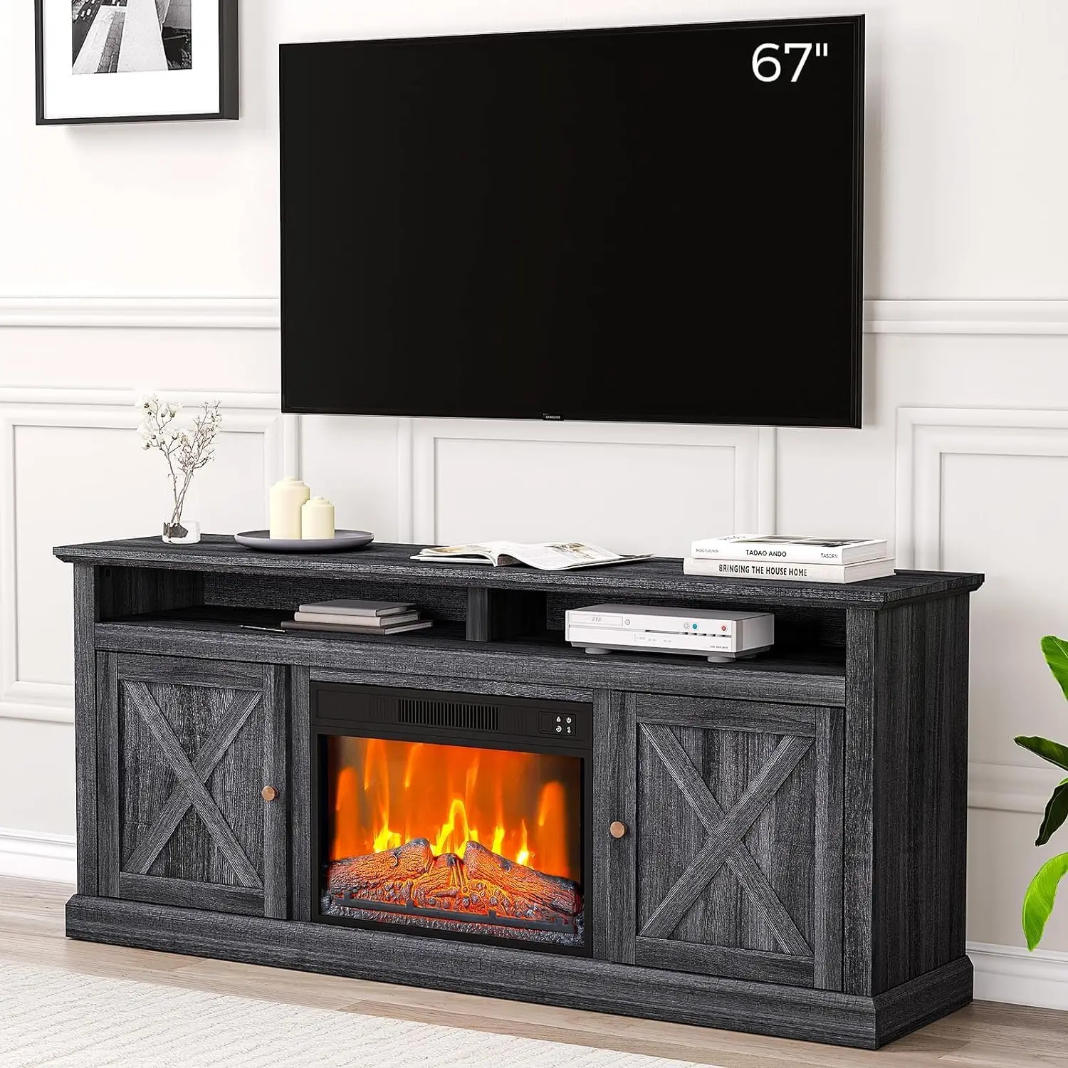 Support TV de cheminée électrique gris, compatible avec les téléviseurs jusqu'à 65 pouces, style ferme, insert de cheminée électrique de 23 pouces, étagères de rangement ouvertes