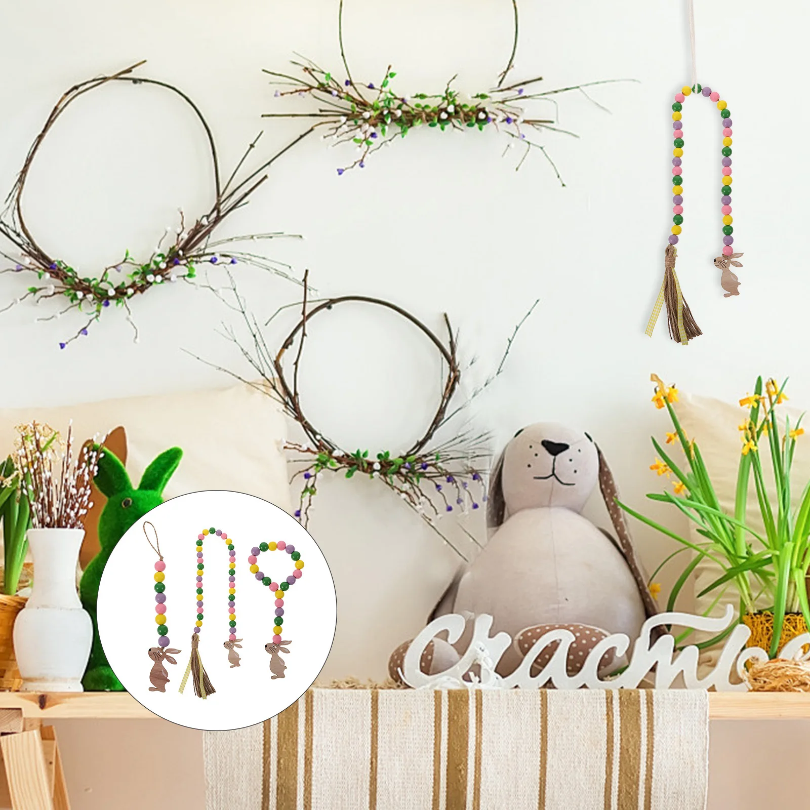 Perles en bois de lapin à pampilles colorées, 3 pièces, décoration murale suspendue pour la maison, décoration de perles en bois, ornements d'intérieur pour la maison